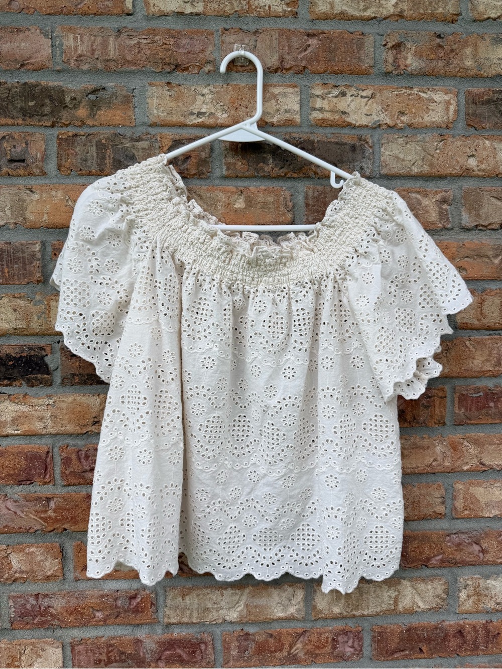 St. Roche Cream Off-Shoulder Eyelet Blouse with Smocked Neckline